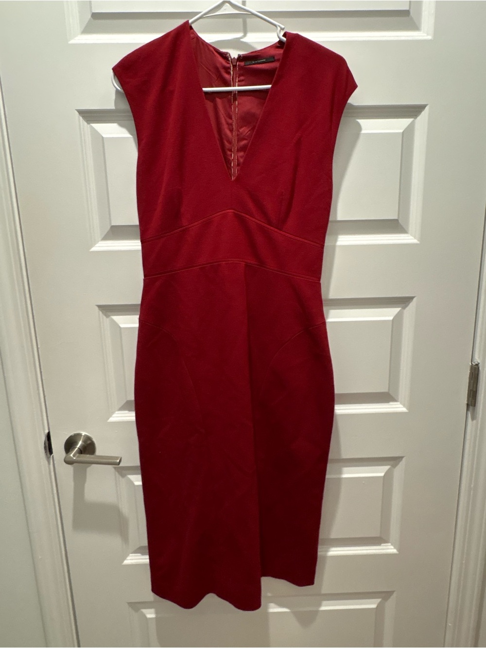 Elie Tahari Crimson Red V-Neck Midi Sheath Dress